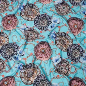 Italian Silk Satin Fabric with Vintage Medallion and Floral Design, Aqua Blue Background – 150 cm Width-D20329