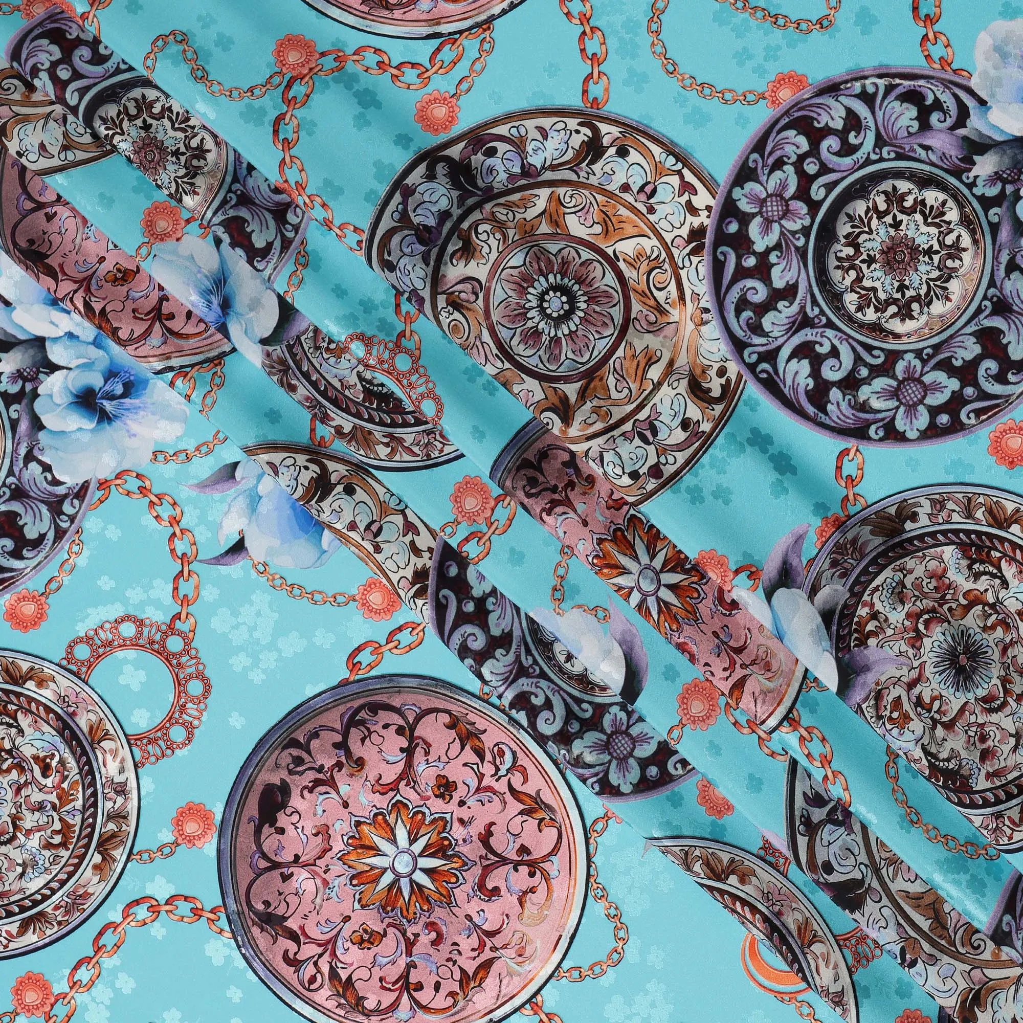 Italian Silk Satin Fabric with Vintage Medallion and Floral Design, Aqua Blue Background – 150 cm Width-D20329