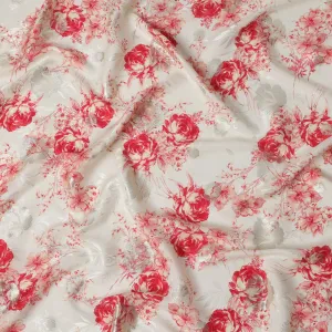 Ivory and Red Floral Silk Satin Fabric with Metallic Accents, Width 140 cm, South Korea-D21292