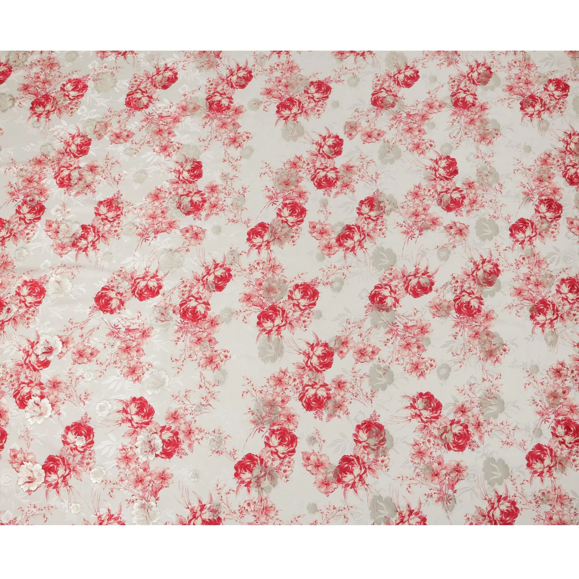 Ivory and Red Floral Silk Satin Fabric with Metallic Accents, Width 140 cm, South Korea-D21292