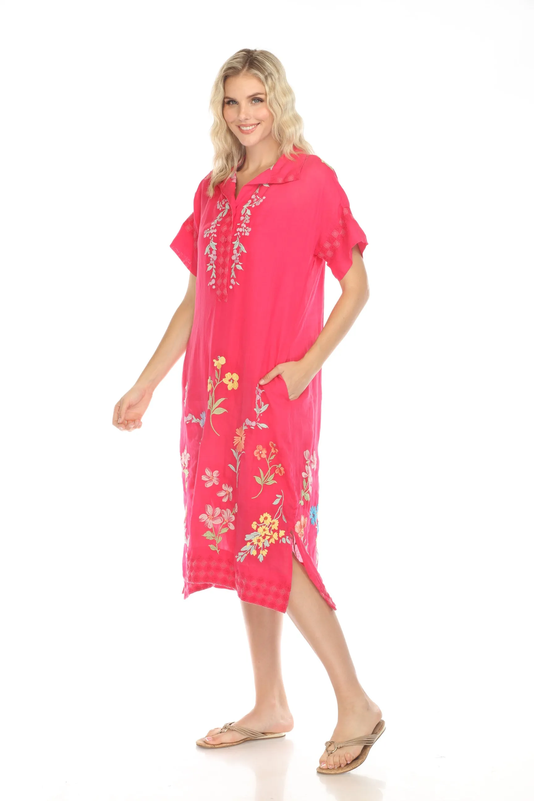 Johnny Was Workshop Pink Embroidered Midi Shirt Dress W34024