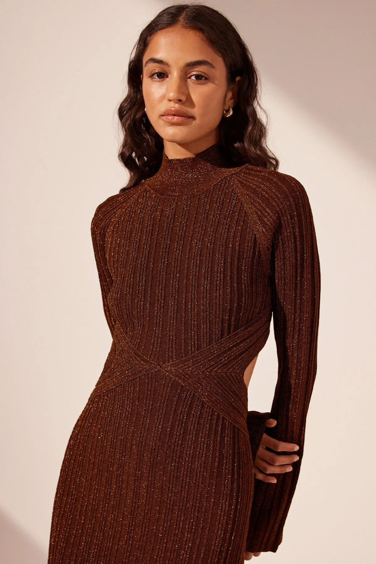 KAMARI LONG SLEEVE CUT OUT MIDI DRESS - BRANDY BROWN