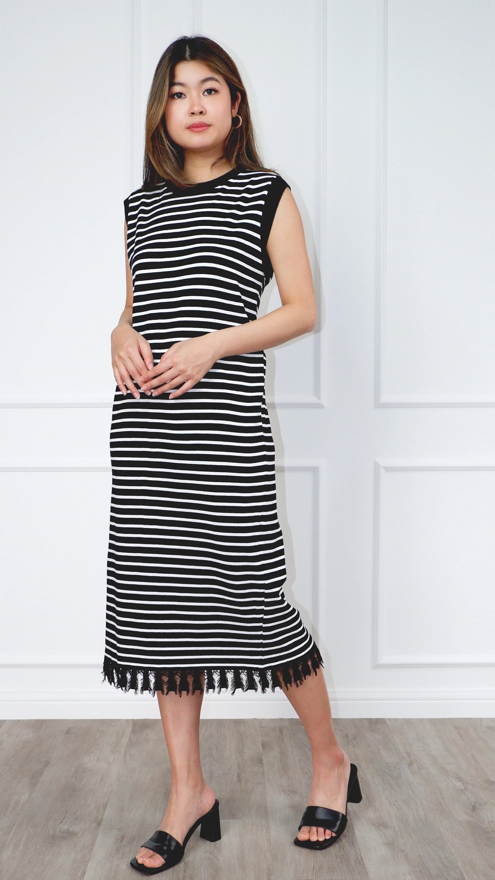 Kara Sleeveless Yarn Knit Midi Dress With Stripes