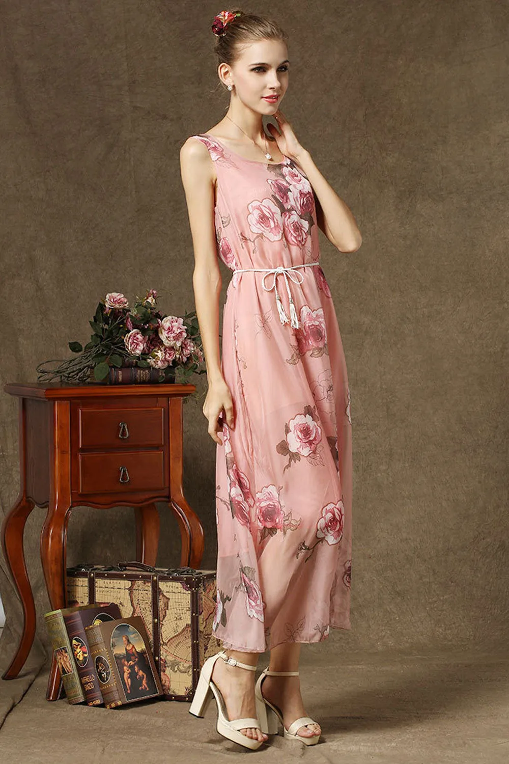 Ketty More Women Beautiful Flower Printed Sleeveless Long Dress-KMWD310