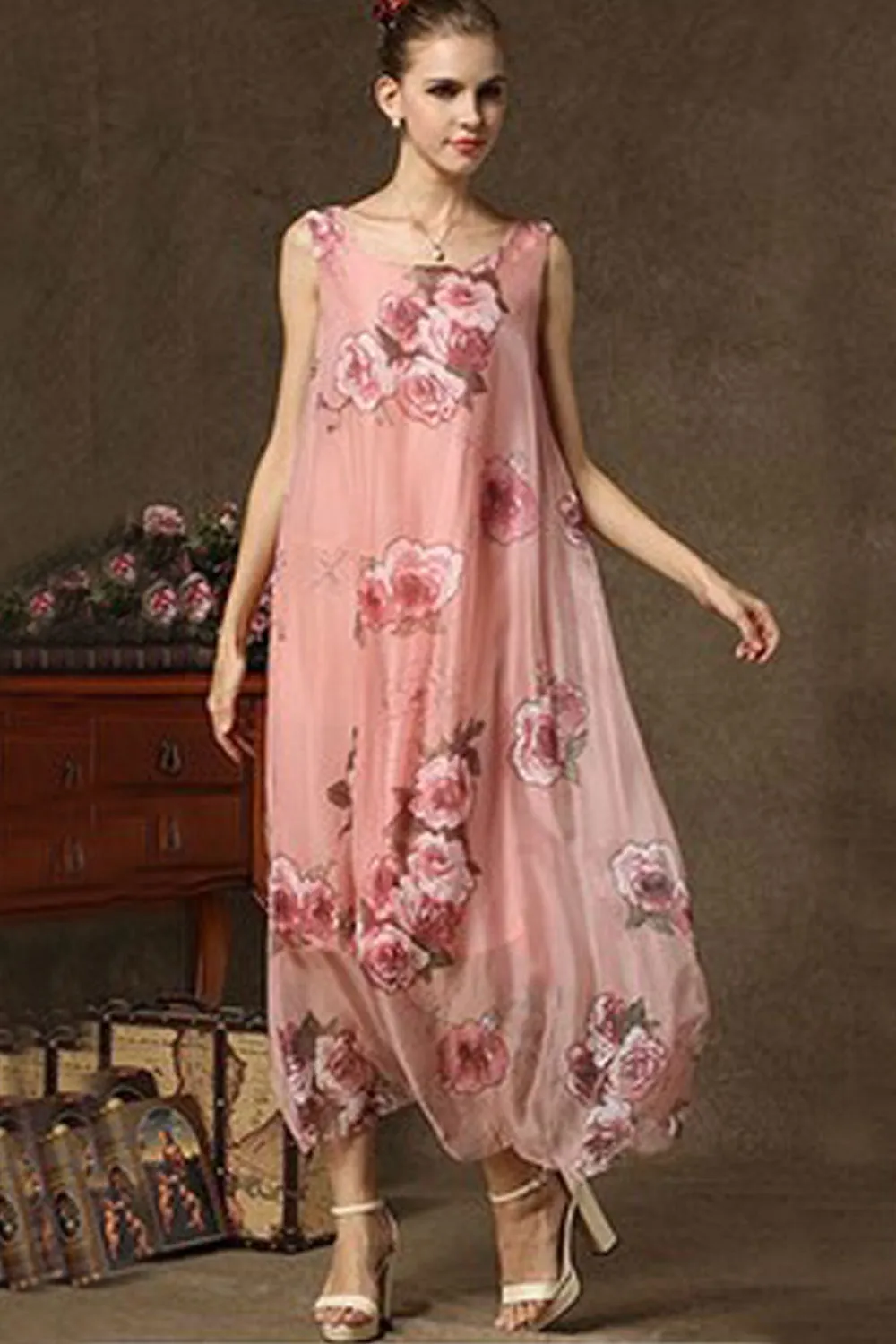 Ketty More Women Beautiful Flower Printed Sleeveless Long Dress-KMWD310