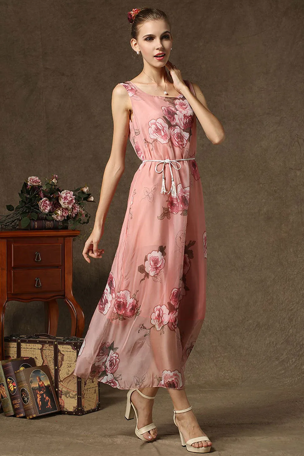 Ketty More Women Beautiful Flower Printed Sleeveless Long Dress-KMWD310