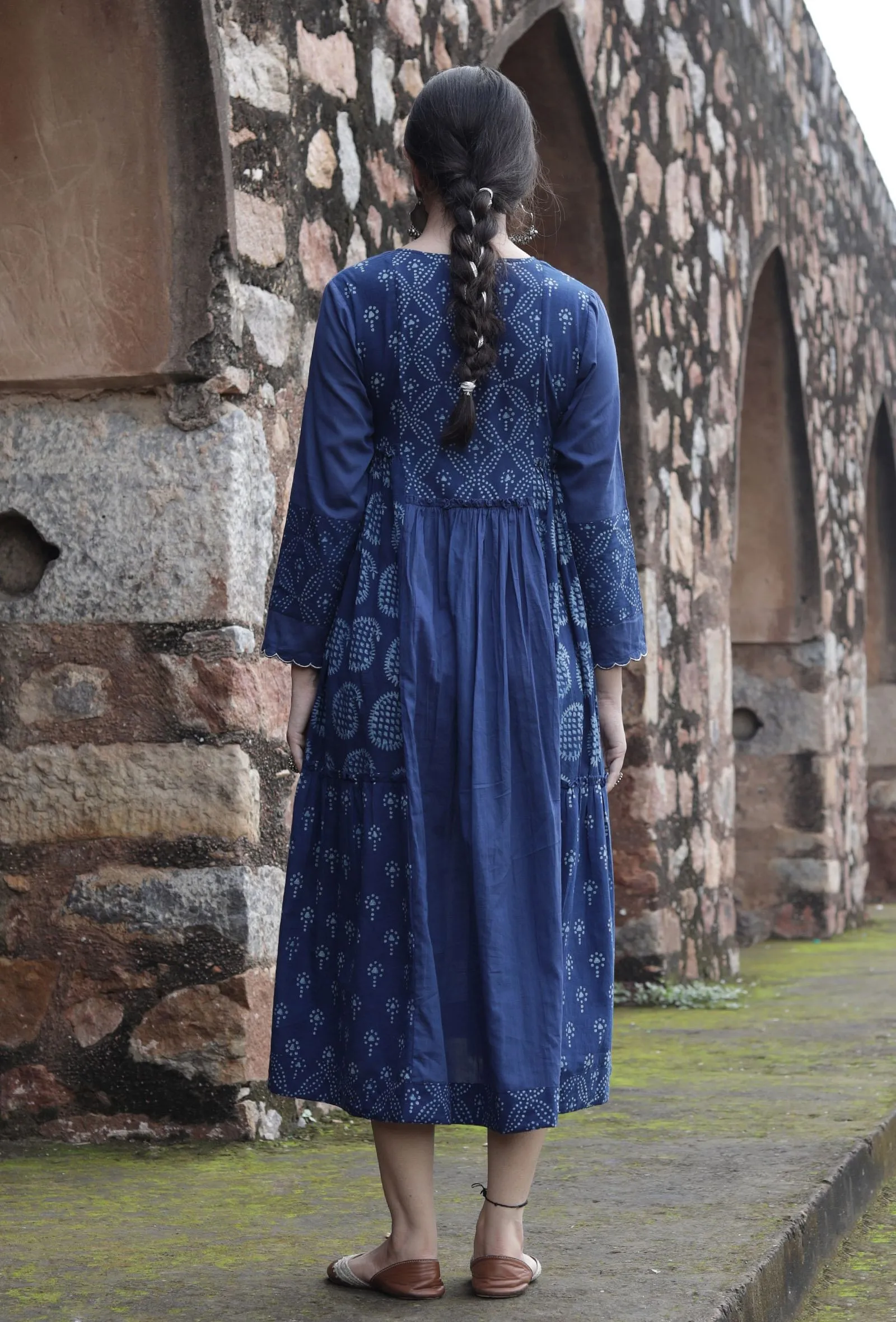 Konalaka Indigo Cotton Hand Block Printed Tiered Kurta Dress