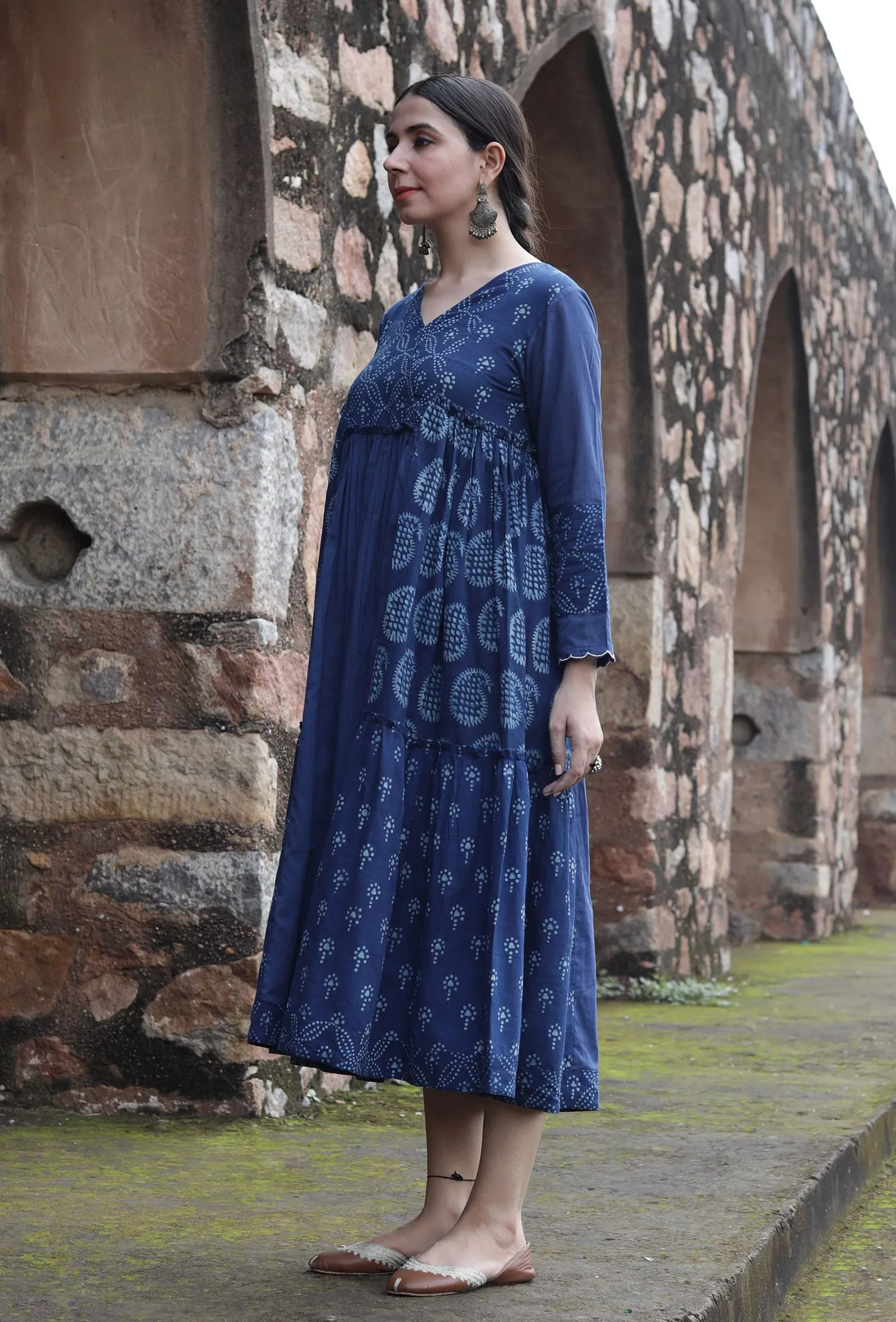 Konalaka Indigo Cotton Hand Block Printed Tiered Kurta Dress