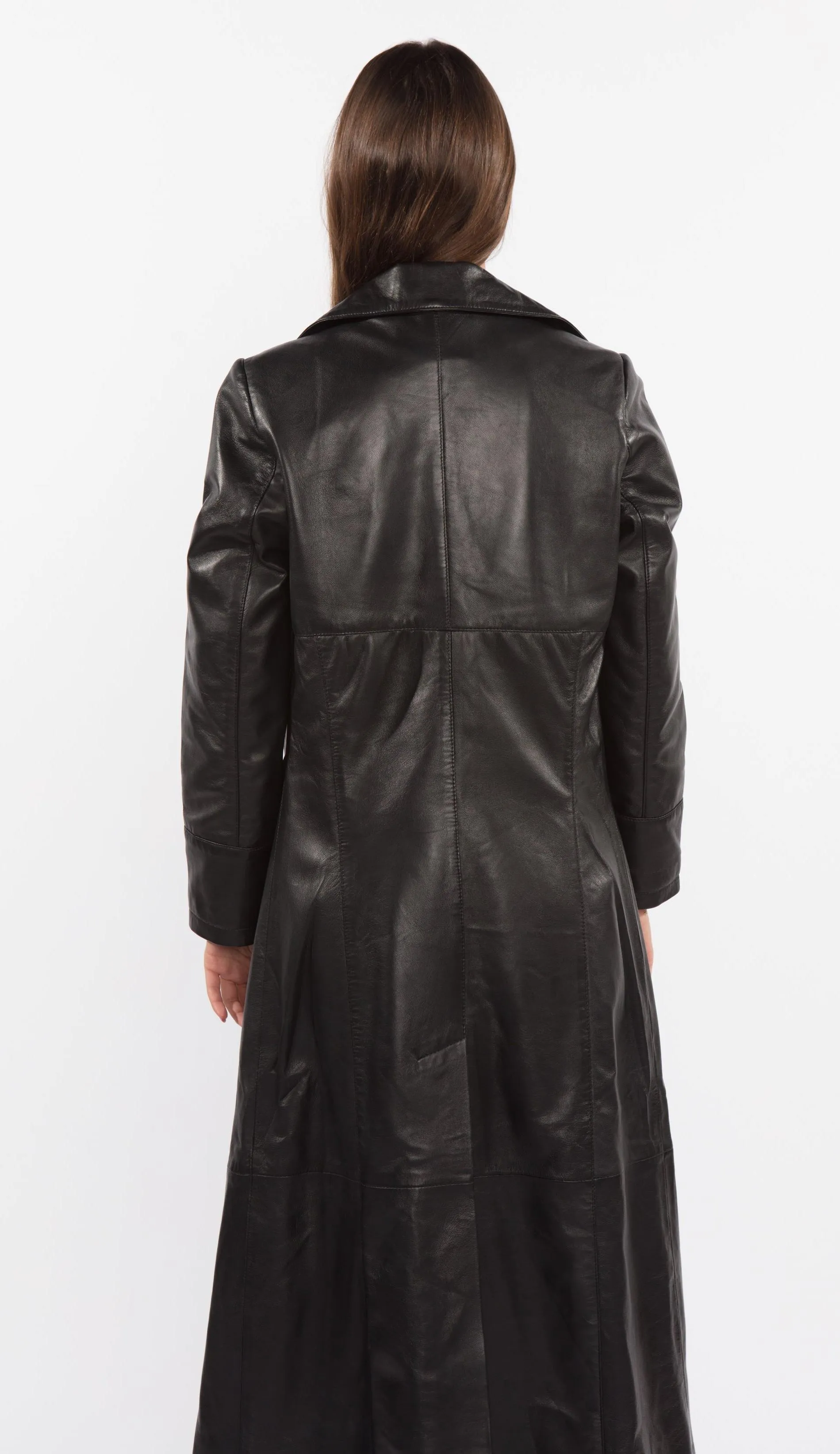 Ladies 3 Button Matrix Black Full Length Leather Coat