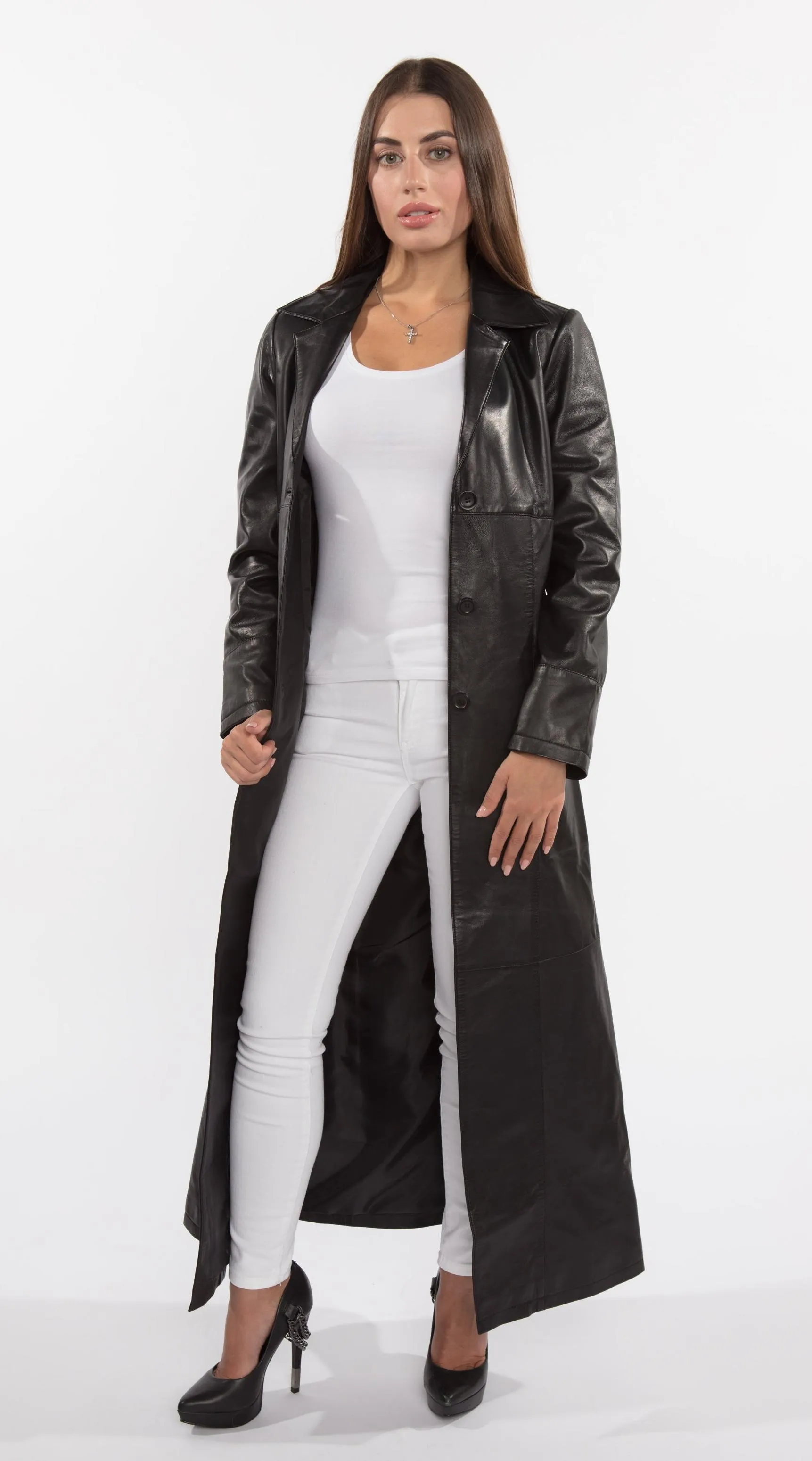 Ladies 3 Button Matrix Black Full Length Leather Coat