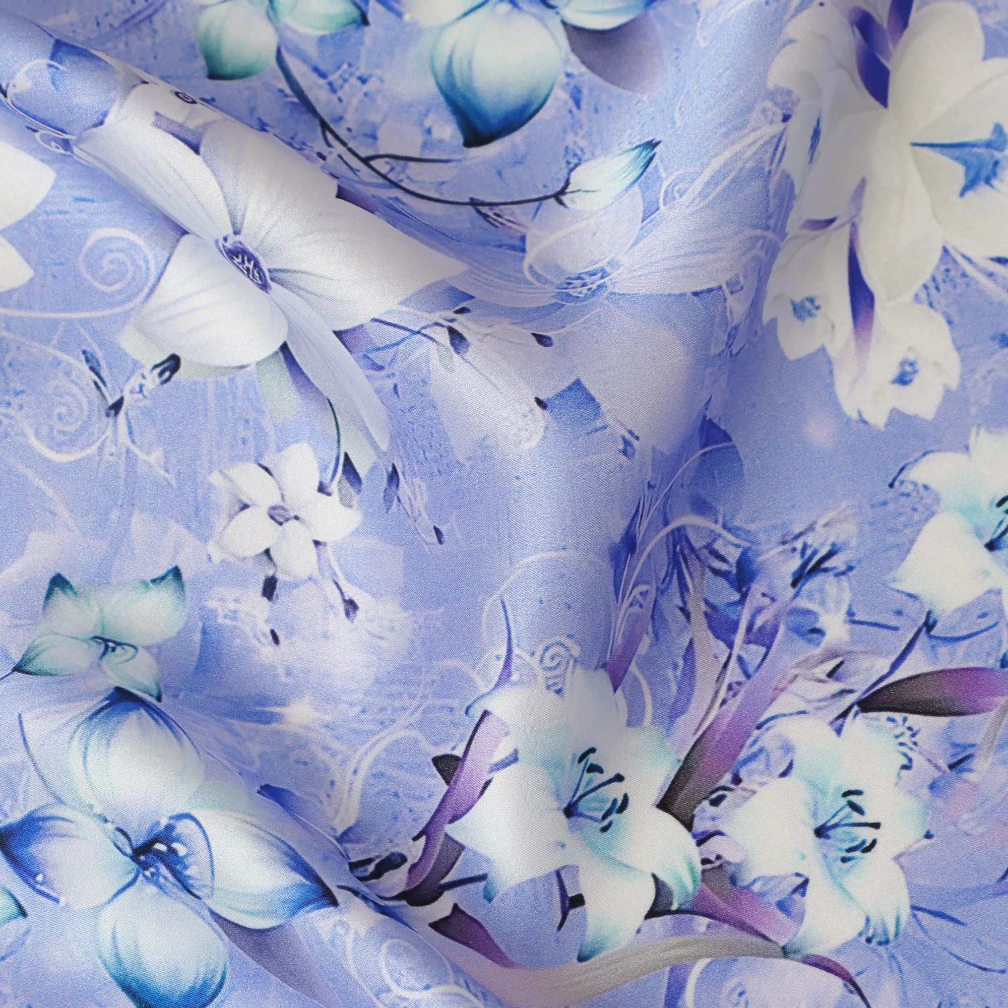 Lavender Blue Floral Pure Silk Satin Fabric - 140 cm Width, Made in Italy-D20737