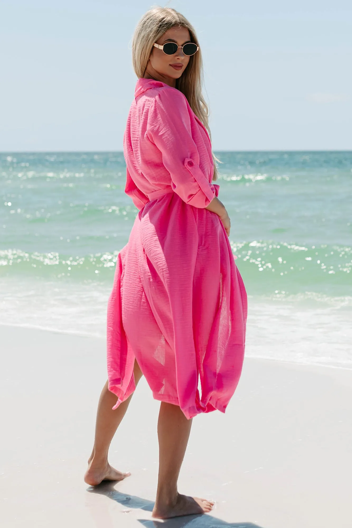 Live Colorfully Tie-Waist Linen Trench Coat (Hot Pink)