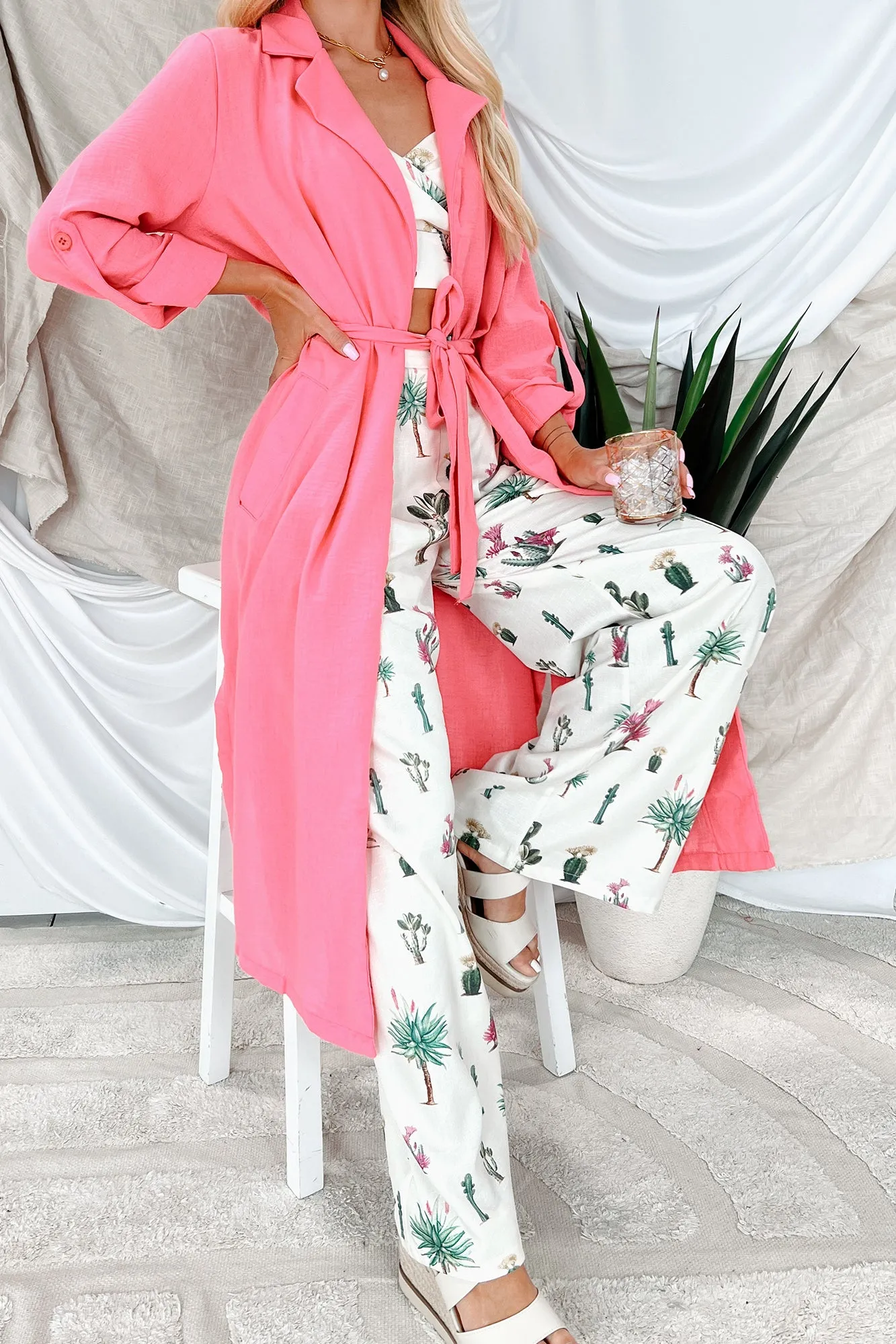 Live Colorfully Tie-Waist Linen Trench Coat (Hot Pink)