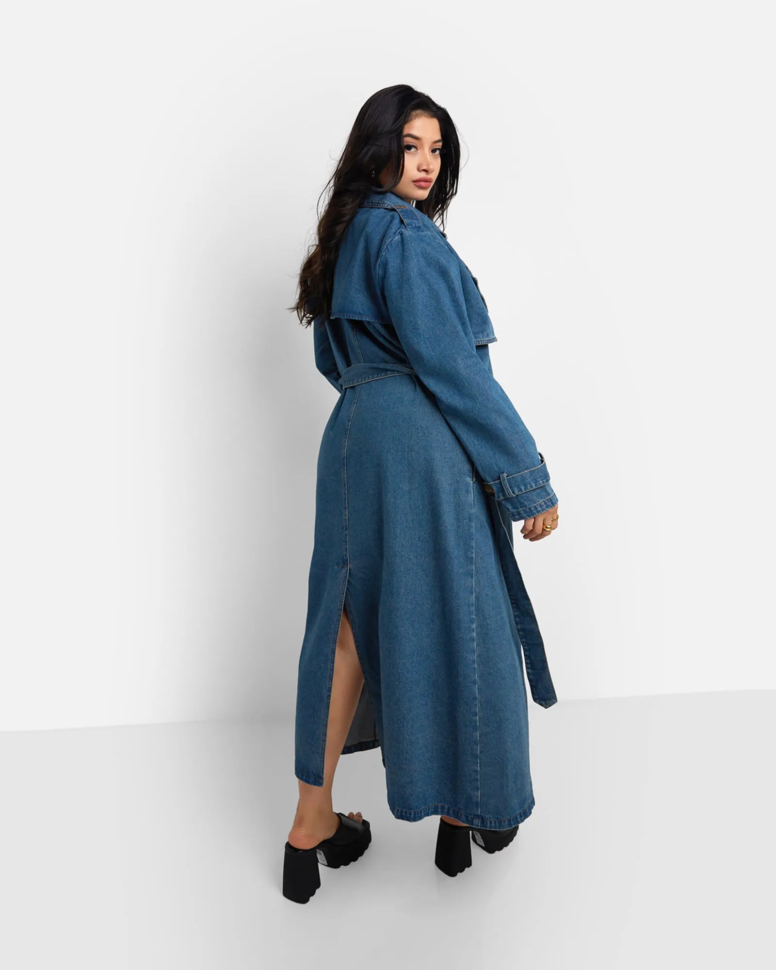 Livie Denim Longline Trench Coat - Medium Blue | Blue