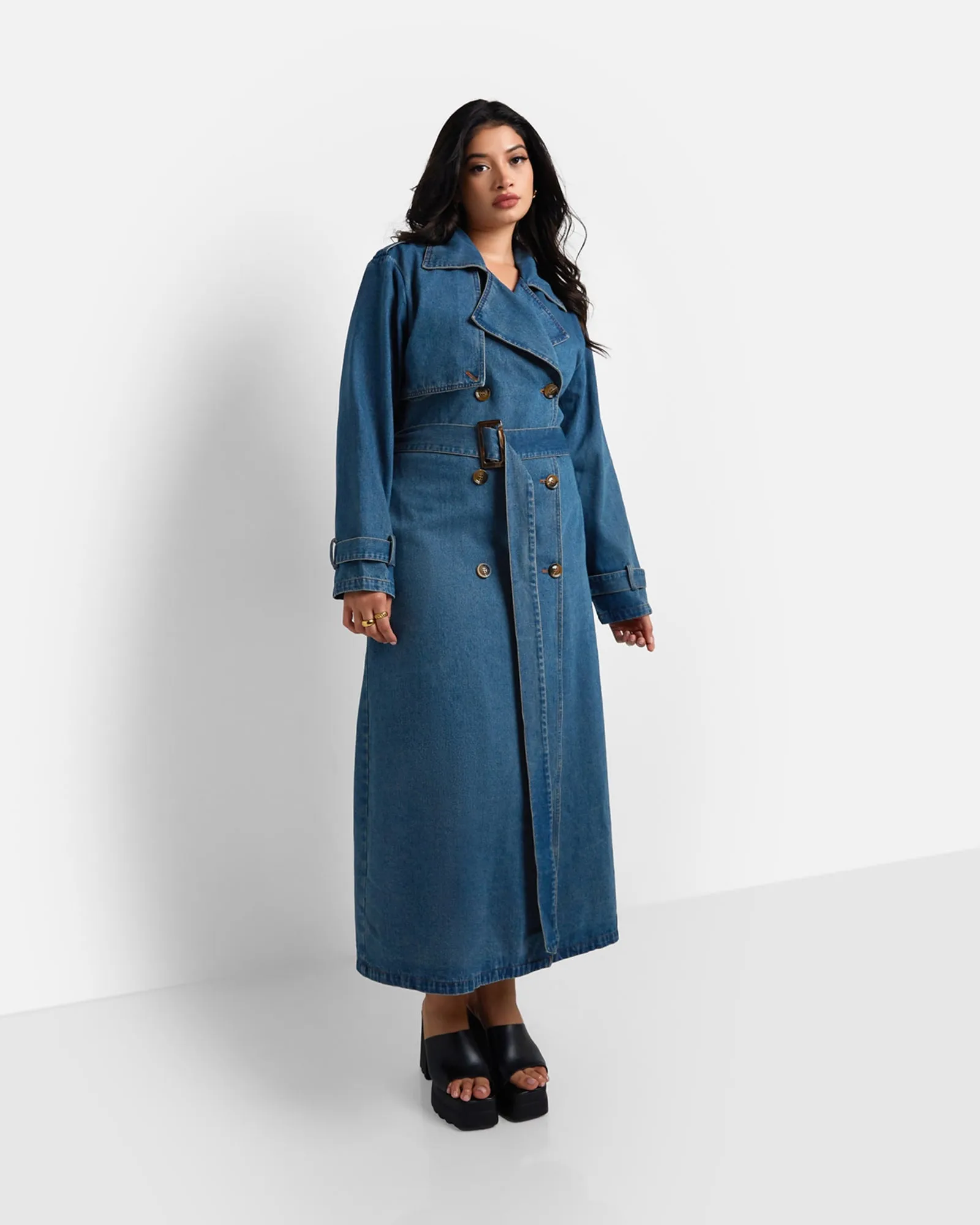 Livie Denim Longline Trench Coat - Medium Blue | Blue