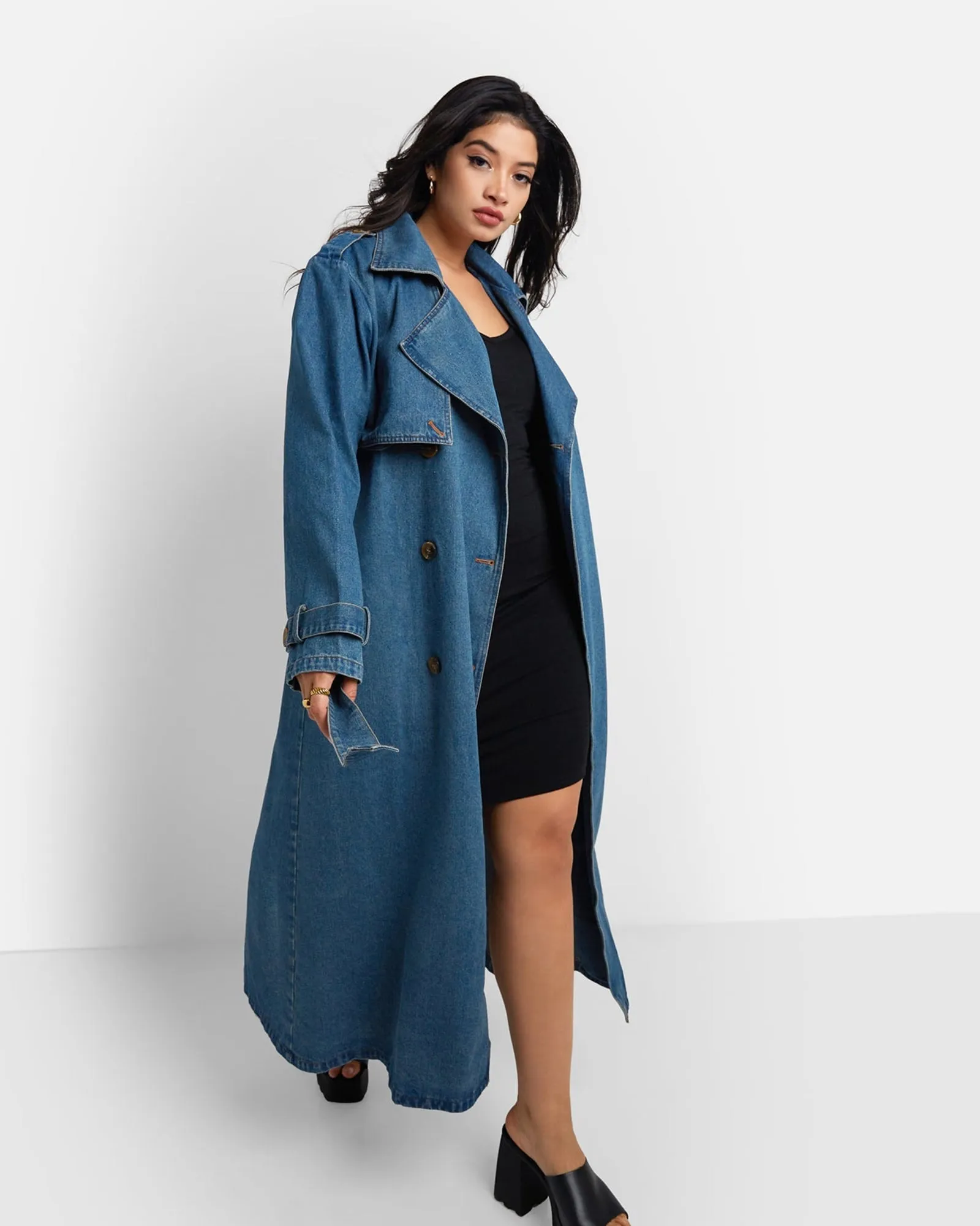 Livie Denim Longline Trench Coat - Medium Blue | Blue