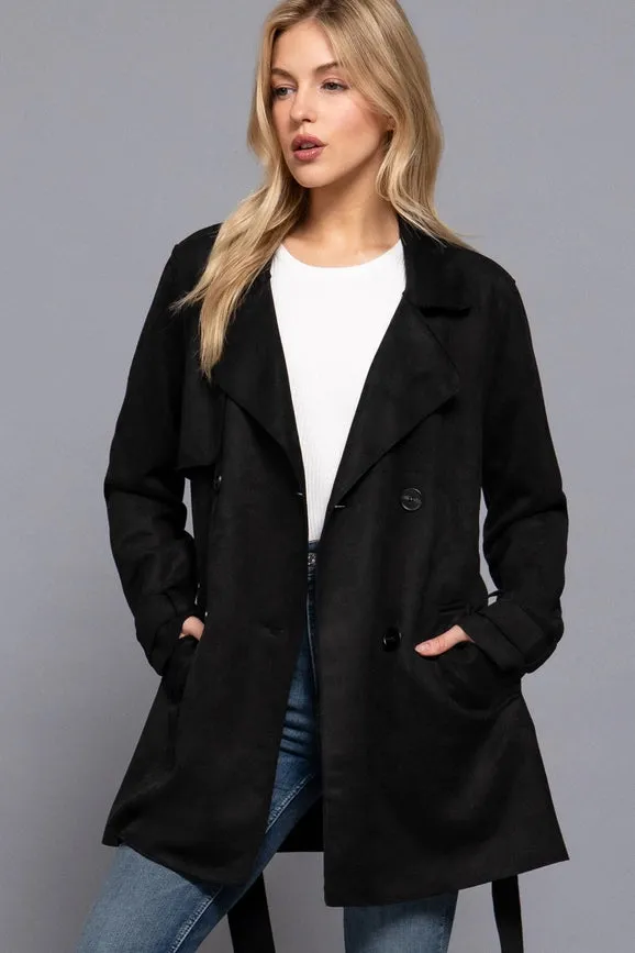 Long Sleeve Lapel Collar Self Belted Faux Suede Trench Coat