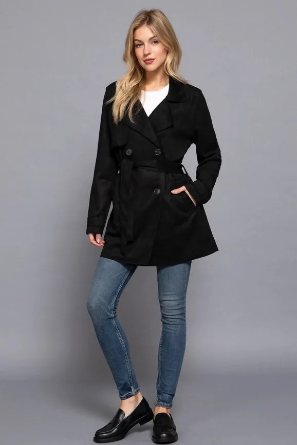 Long Sleeve Lapel Collar Self Belted Faux Suede Trench Coat