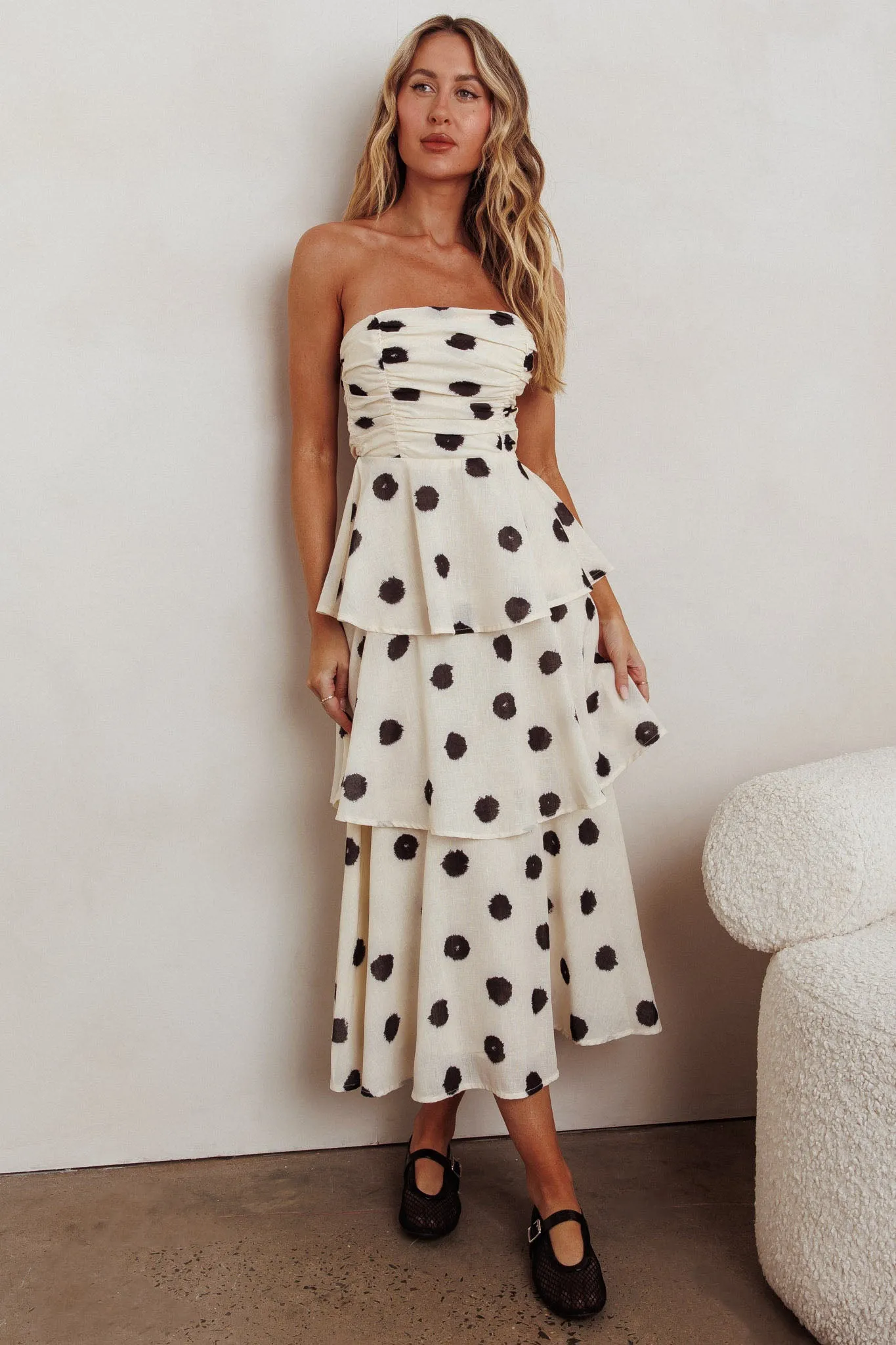 Lorcan Strapless Ruffle Dotted Midi Dress Oat