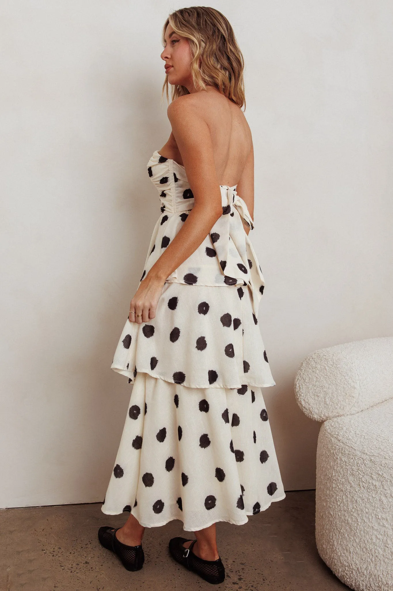 Lorcan Strapless Ruffle Dotted Midi Dress Oat