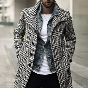 Men Lapel Collar Slant Pocket Trench Plaid Coat