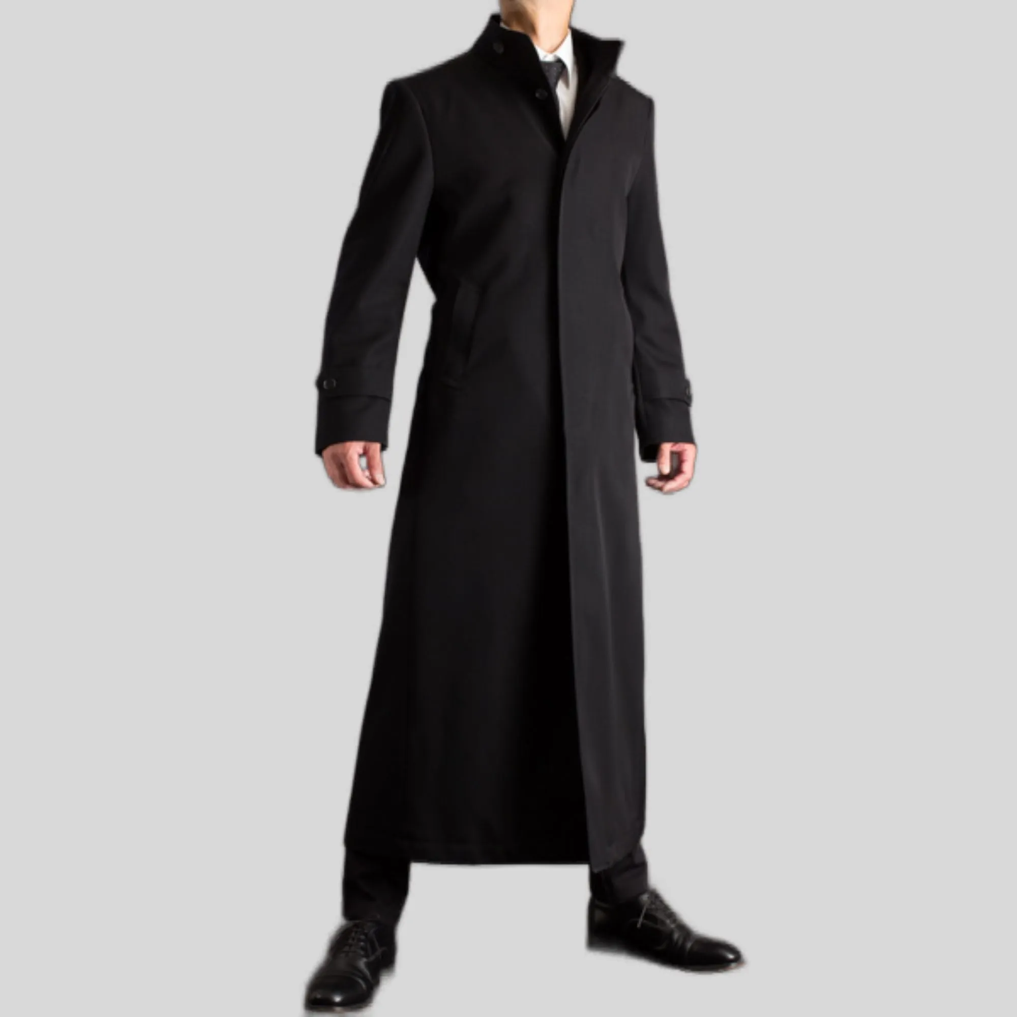 Men's Black Long Snap Button Genuine Wool Trench Belted Coat