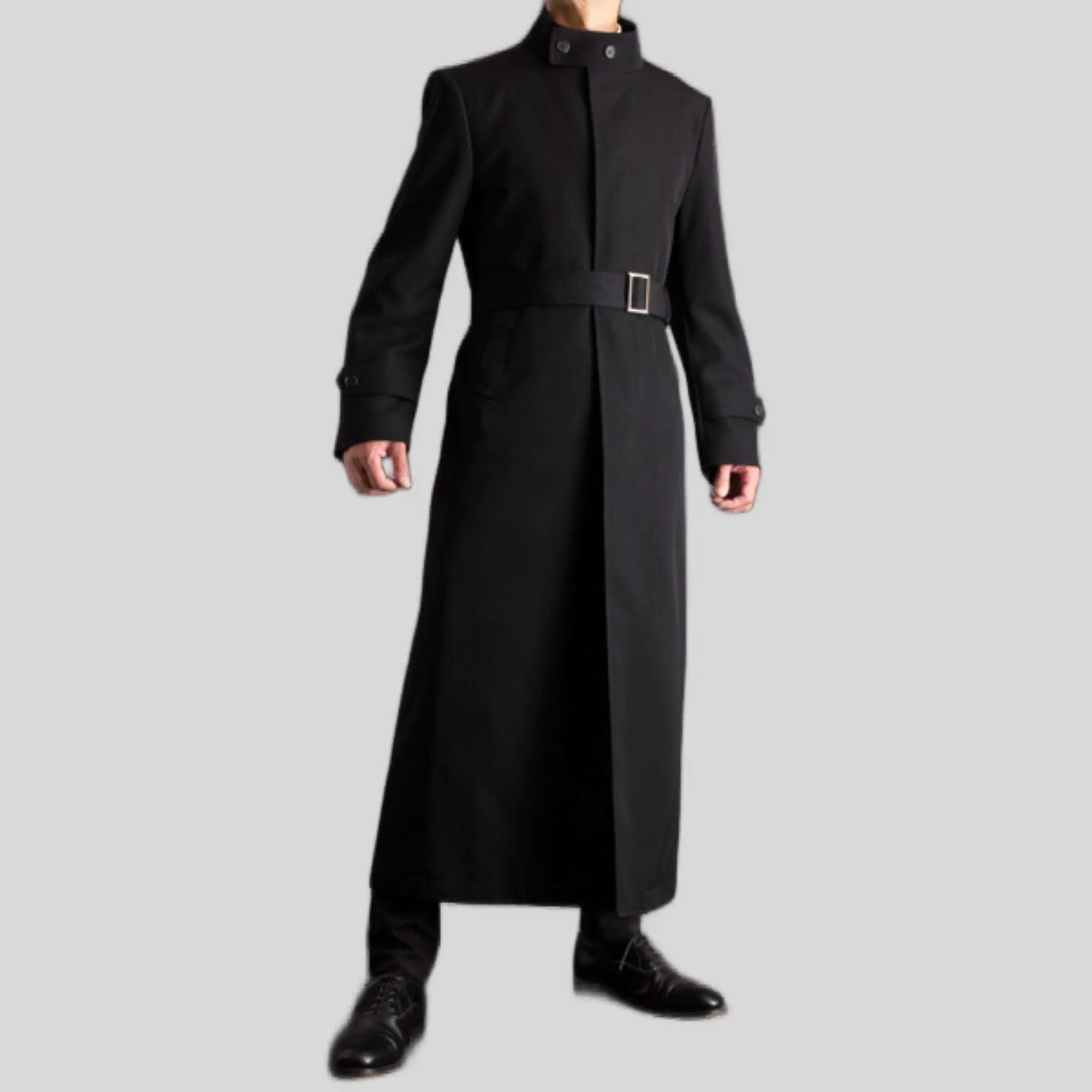 Men's Black Long Snap Button Genuine Wool Trench Belted Coat