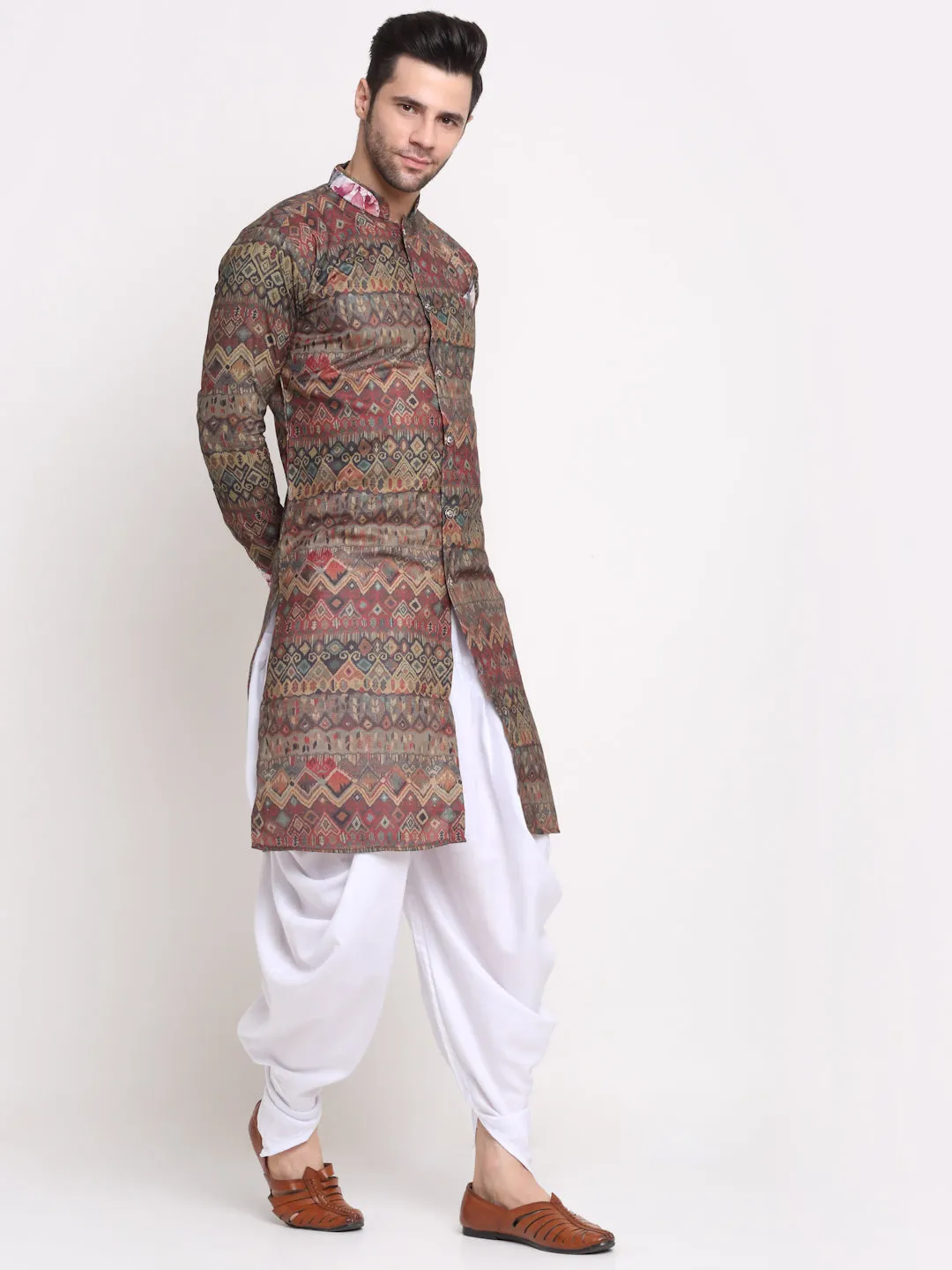 Men's Brown & Beige Printed Kurta With White Dhoti Pant - Benstoke