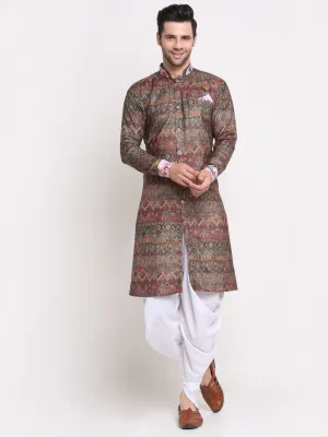 Men's Brown & Beige Printed Kurta With White Dhoti Pant - Benstoke