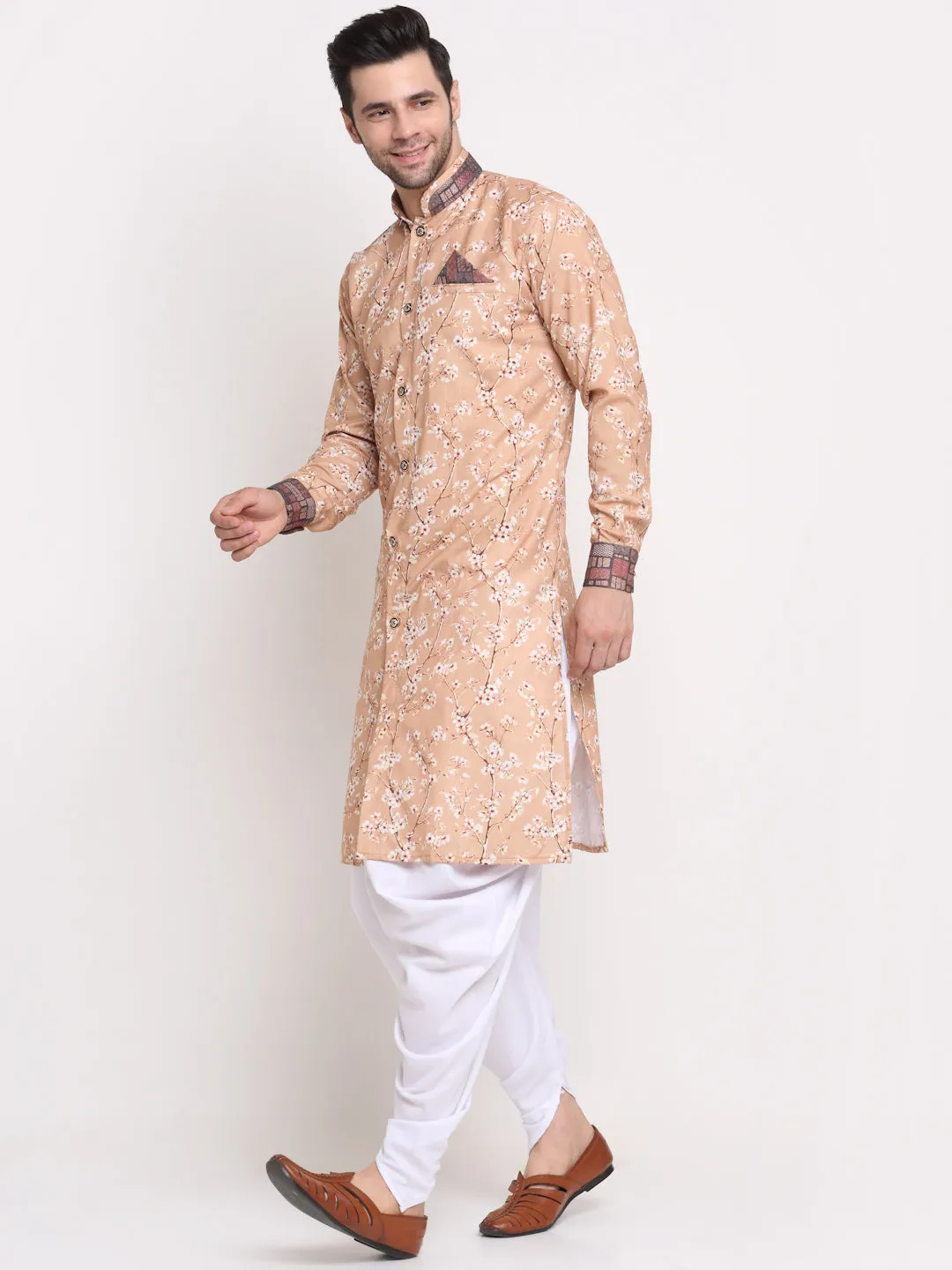 Men's Fawn & Multi Printed Kurta With White Dhoti Pant - Benstoke