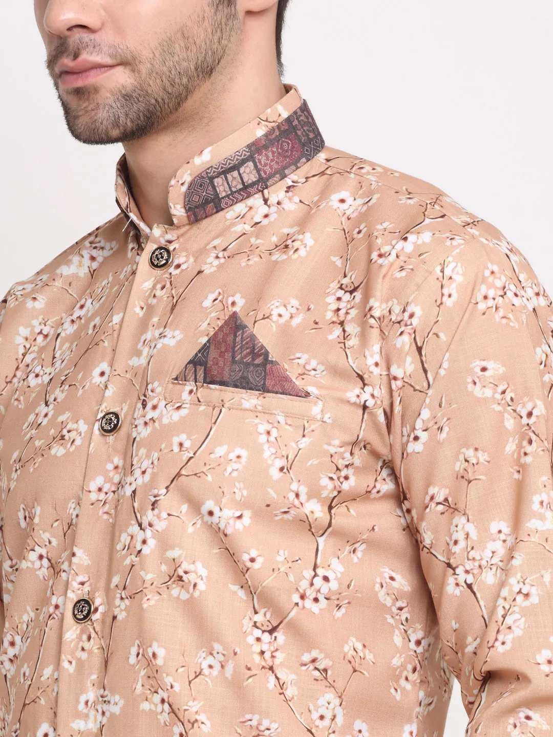 Men's Fawn & Multi Printed Kurta With White Dhoti Pant - Benstoke