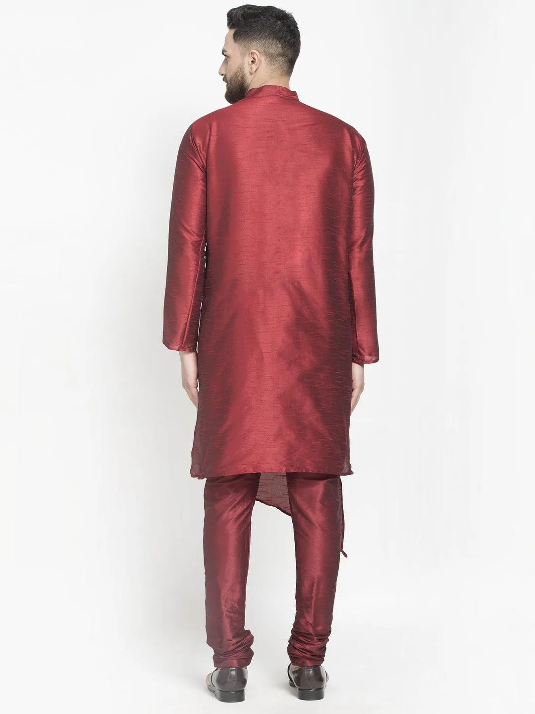 Men's Maroon Solid Asymmetric Kurta With Churidaar Pyjama - Benstoke