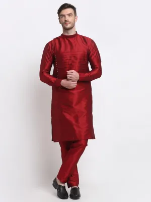 Men's Maroon Solid Kurta With Churidaar Pyjama - Benstoke