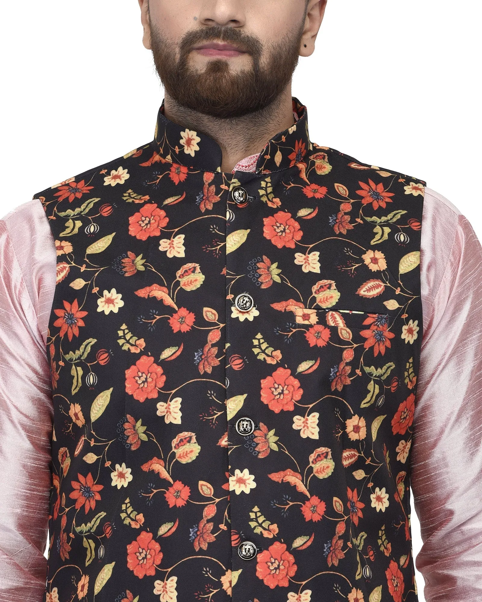 Men's Pink Kurta With White Dhoti & Black Printed Nehru Jacket - Benstoke