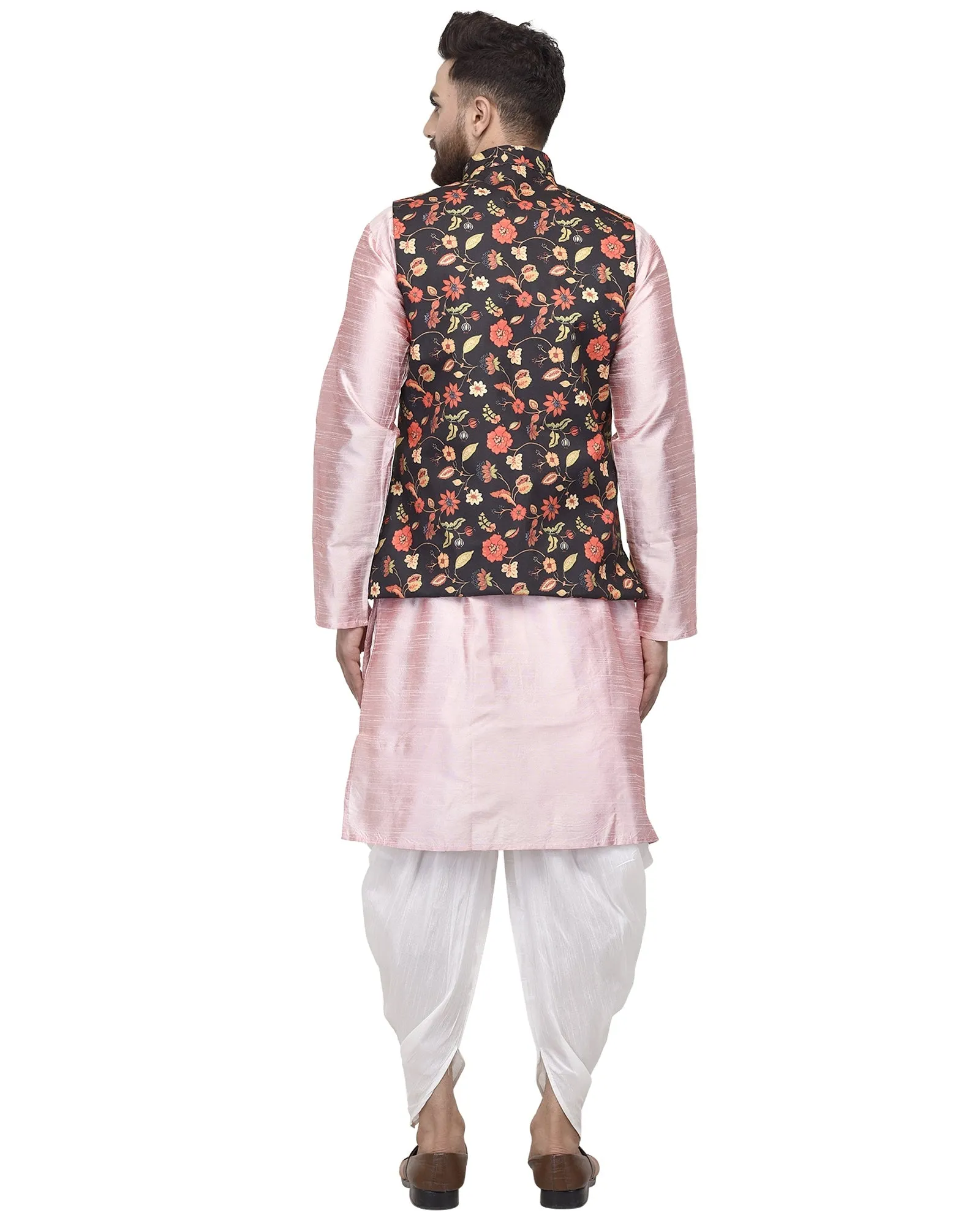 Men's Pink Kurta With White Dhoti & Black Printed Nehru Jacket - Benstoke