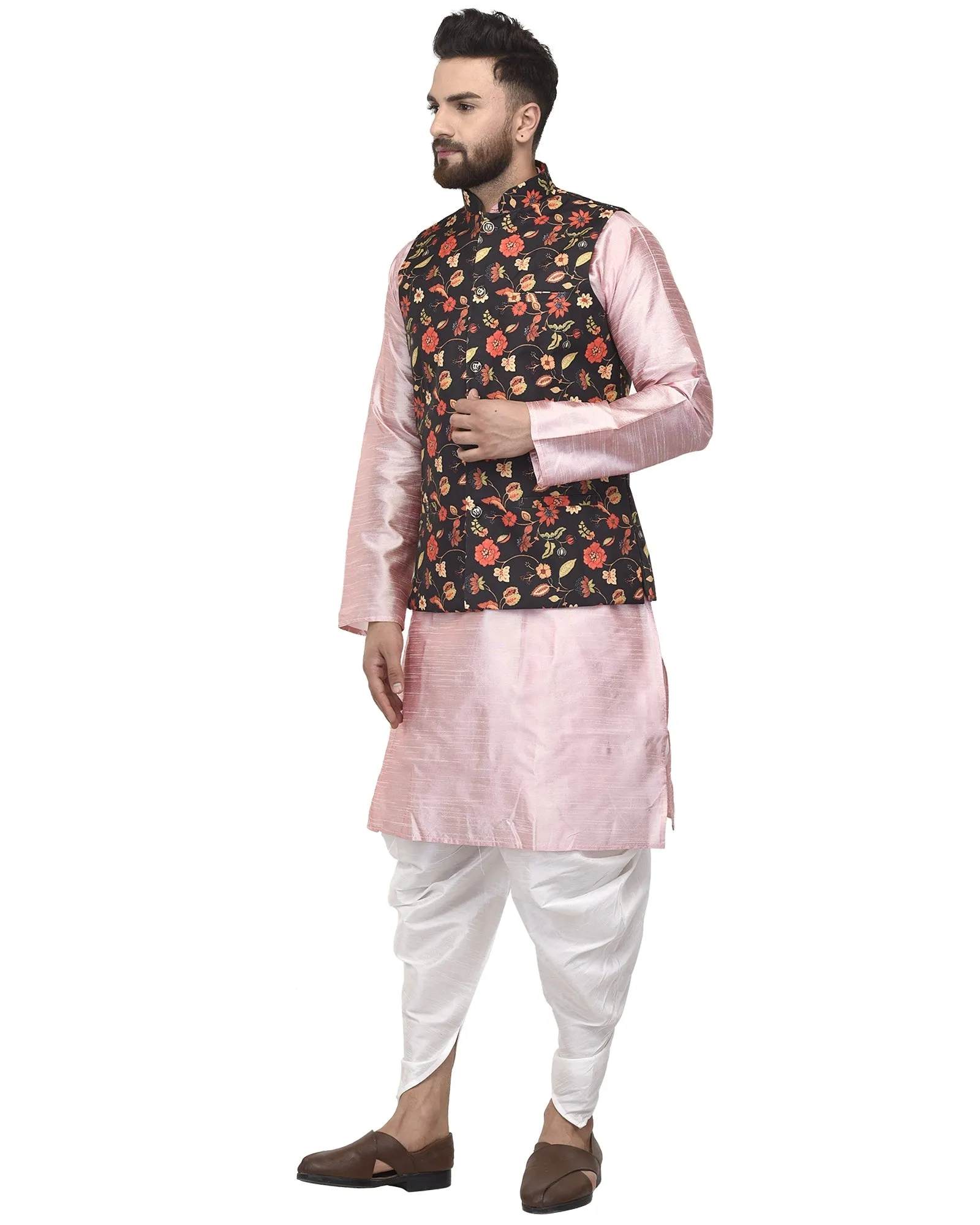 Men's Pink Kurta With White Dhoti & Black Printed Nehru Jacket - Benstoke