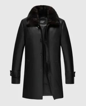 Men's Premium Black Leather Coat With Shearling Collar