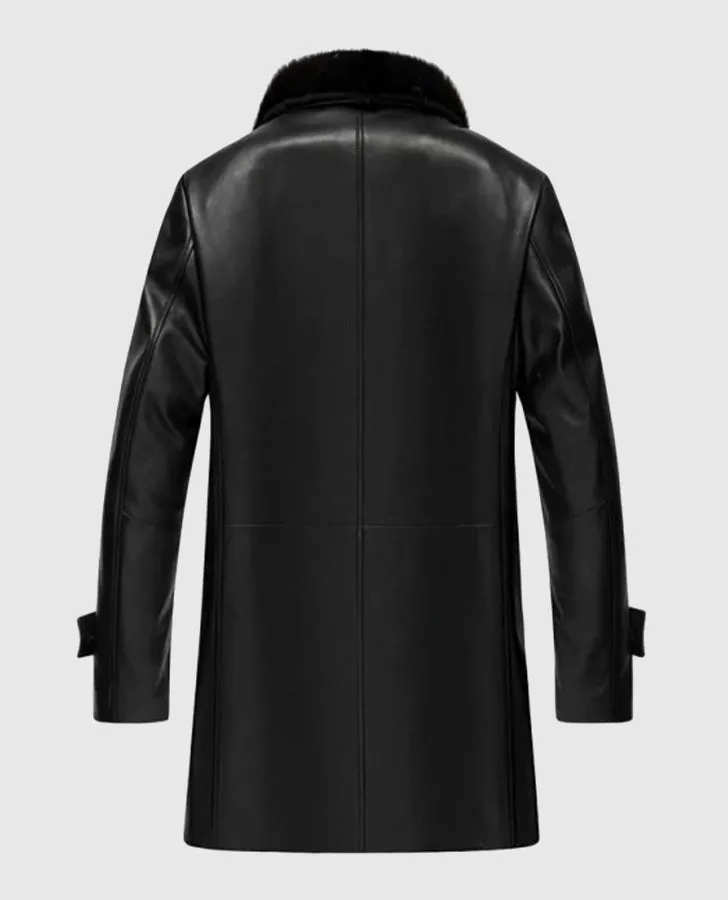 Men's Premium Black Leather Coat With Shearling Collar