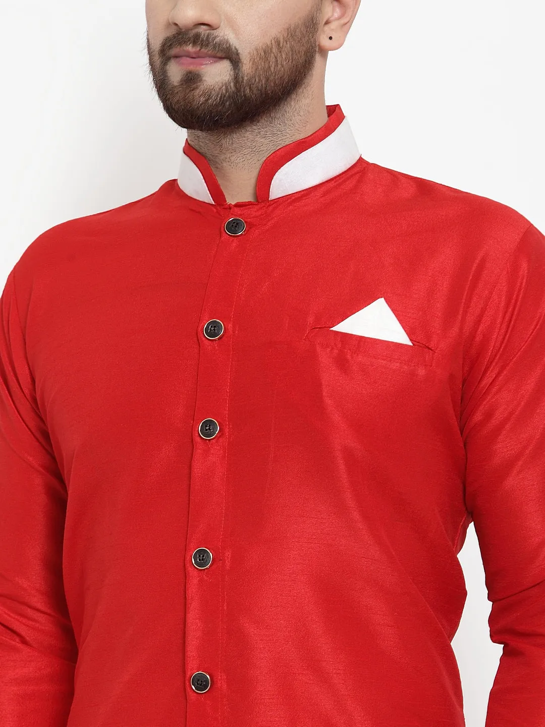 Men's Red Solid Kurta With White Churidaar Pyjama Set - Benstoke