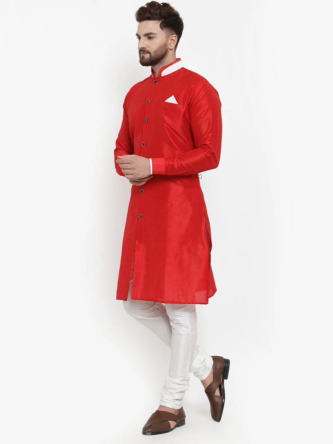 Men's Red Solid Kurta With White Churidaar Pyjama Set - Benstoke