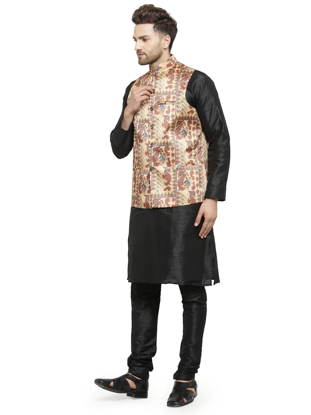 Men's Silk Blend Black Kurta With Pyjama & Beige Printed Nehru Jacket - Benstoke