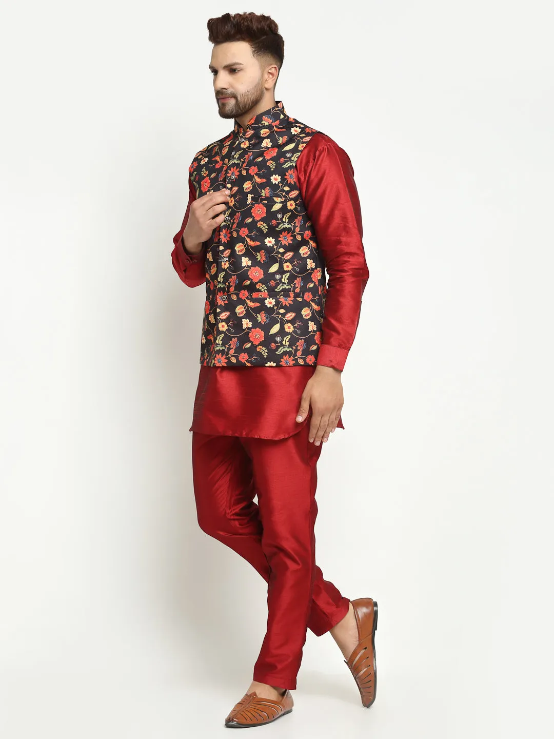 Men's Silk Blend Maroon Kurta With Pyjama & Black Printed Nehru Jacket - Benstoke