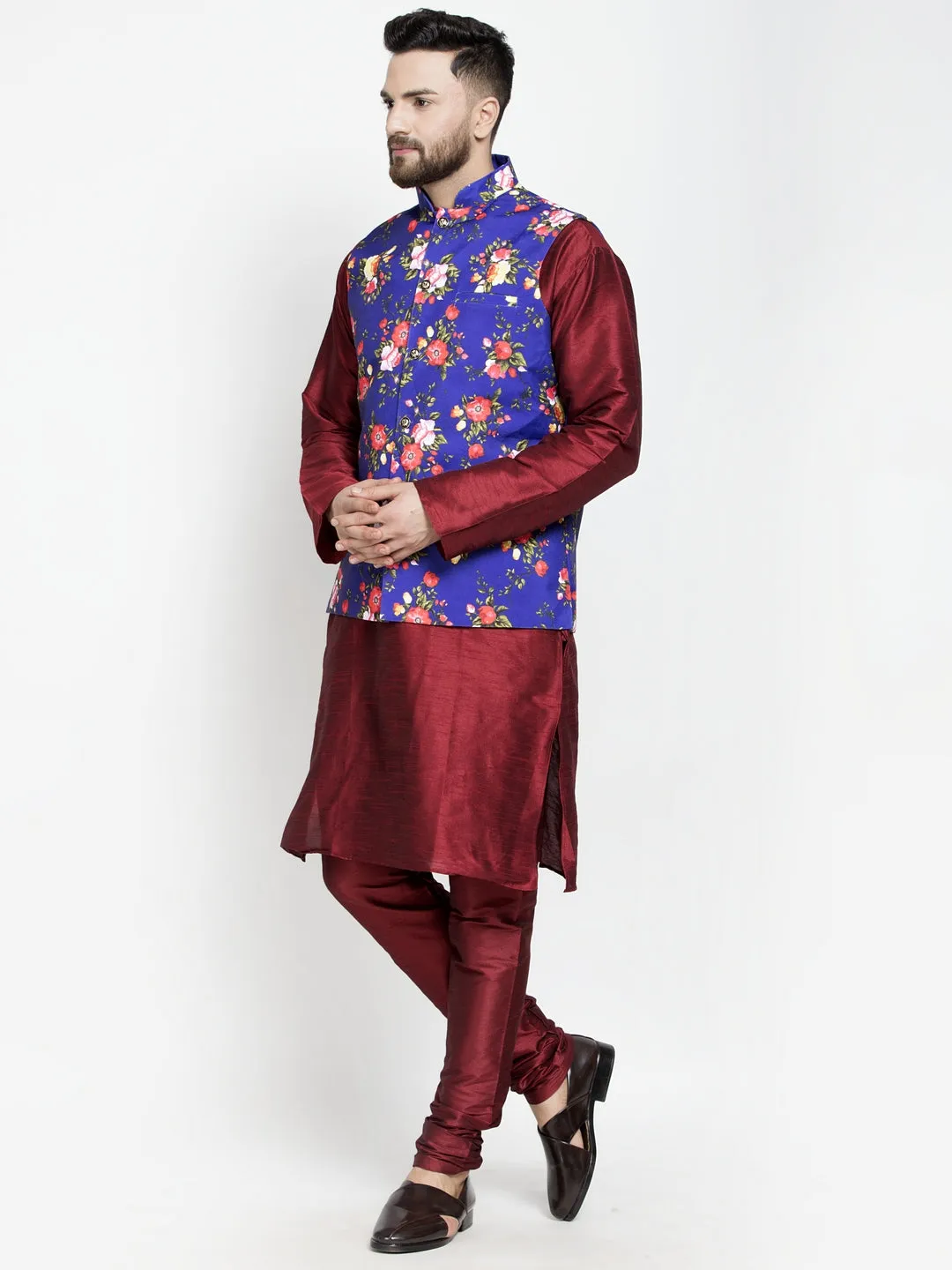 Men's Silk Blend Maroon Kurta With Pyjama & Royal Blue Printed Nehru Jacket - Benstoke