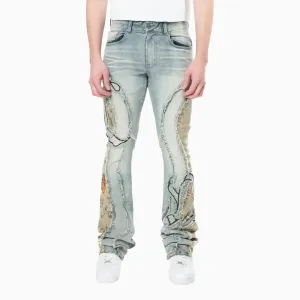 Men's Stacked Pinched Flared Tapestry Paneled Jean Pant