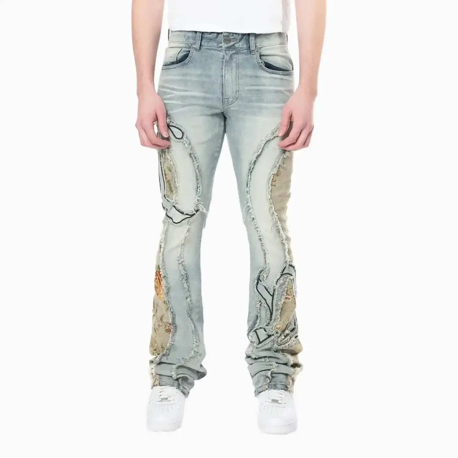 Men's Stacked Pinched Flared Tapestry Paneled Jean Pant