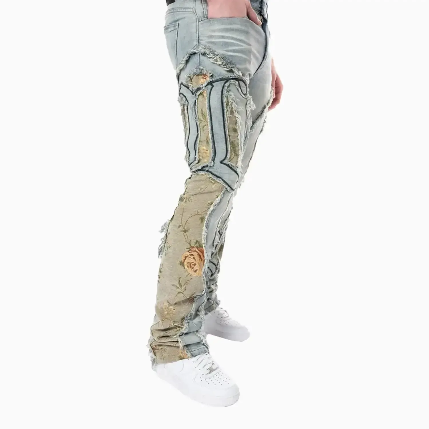 Men's Stacked Pinched Flared Tapestry Paneled Jean Pant