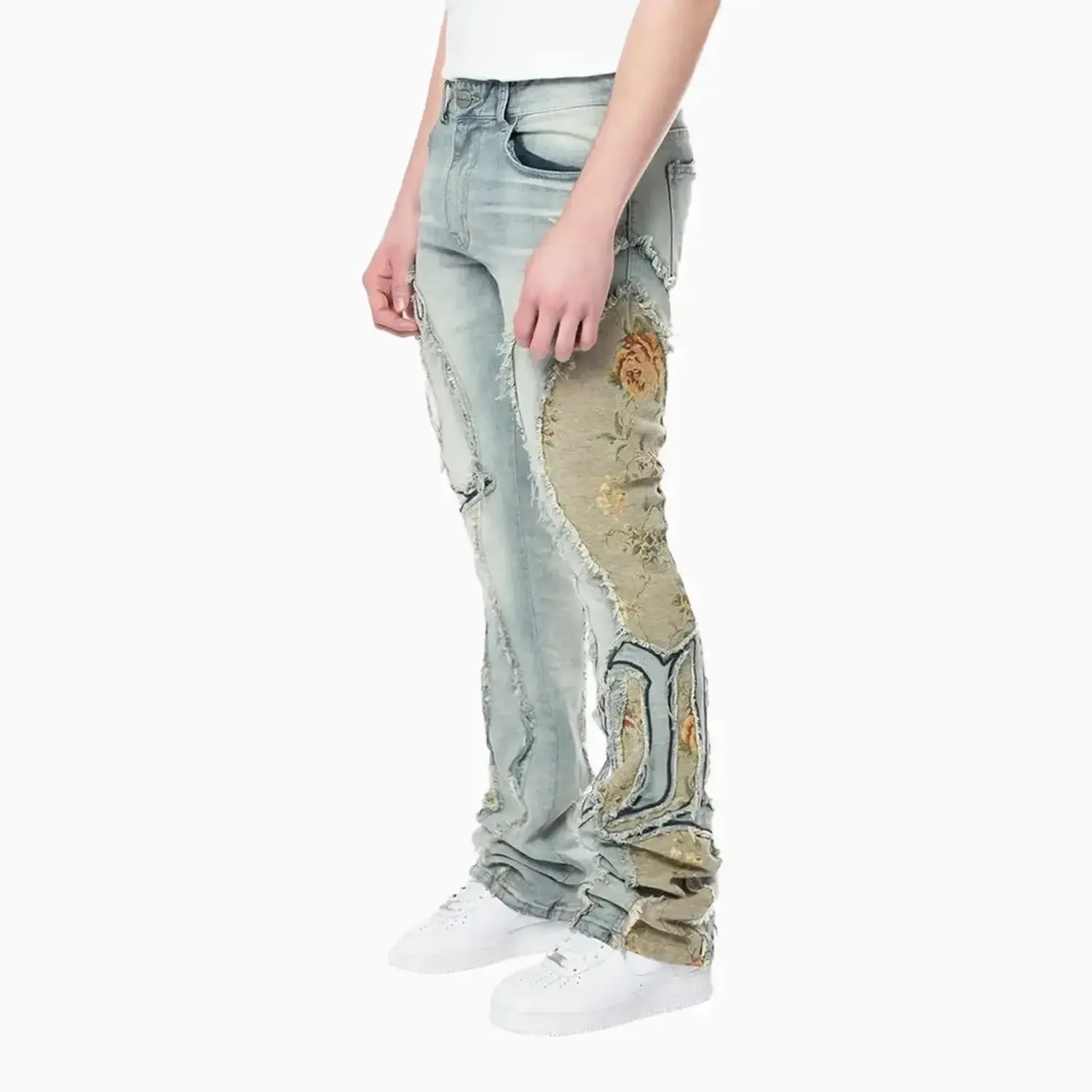 Men's Stacked Pinched Flared Tapestry Paneled Jean Pant