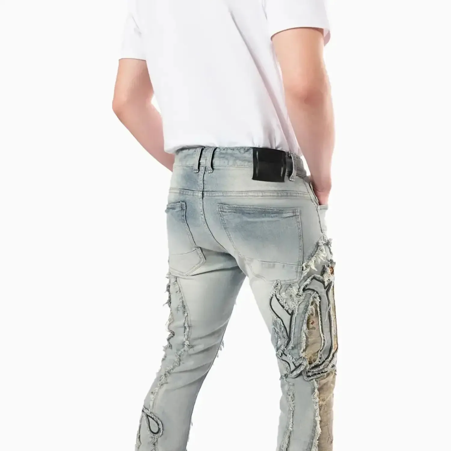 Men's Stacked Pinched Flared Tapestry Paneled Jean Pant