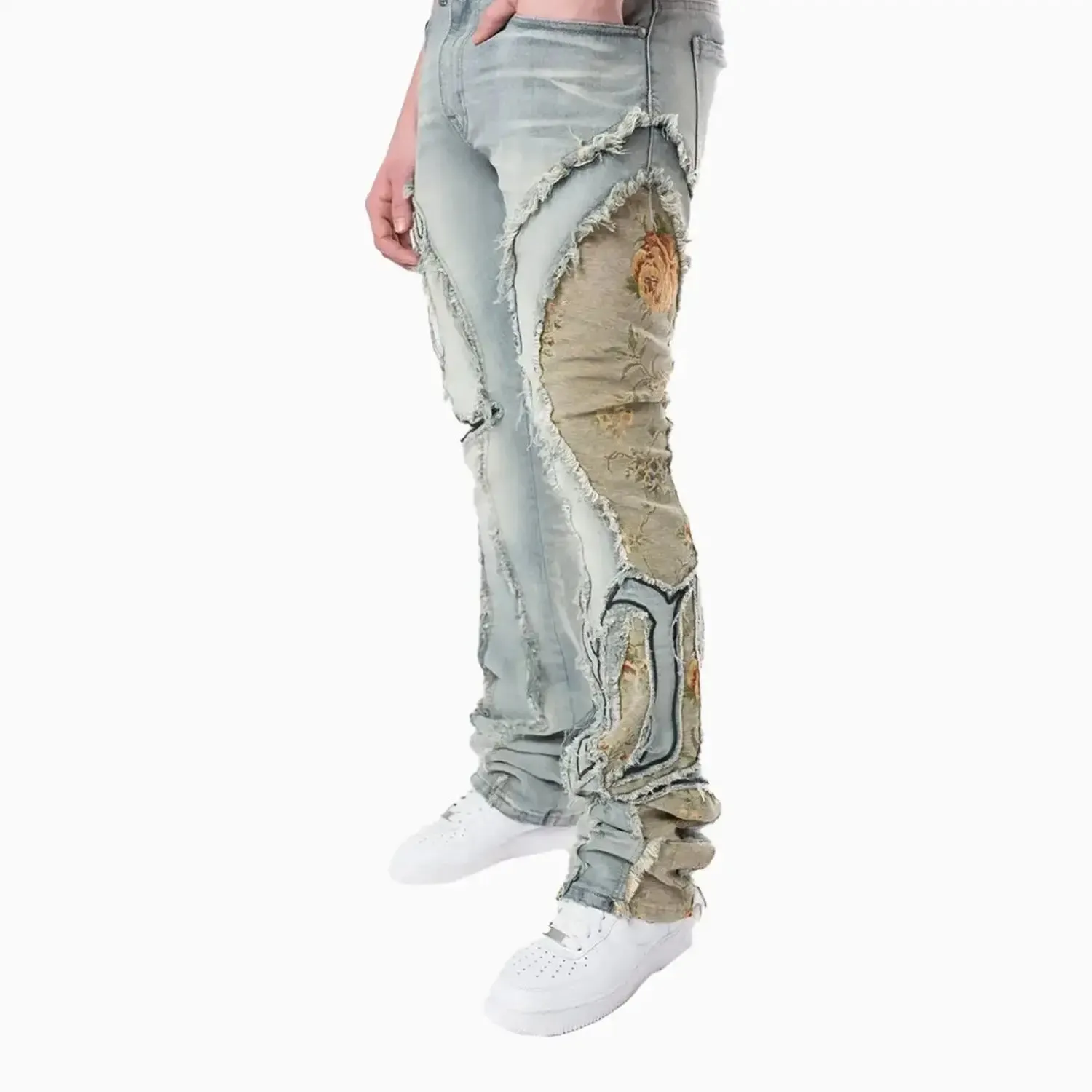 Men's Stacked Pinched Flared Tapestry Paneled Jean Pant