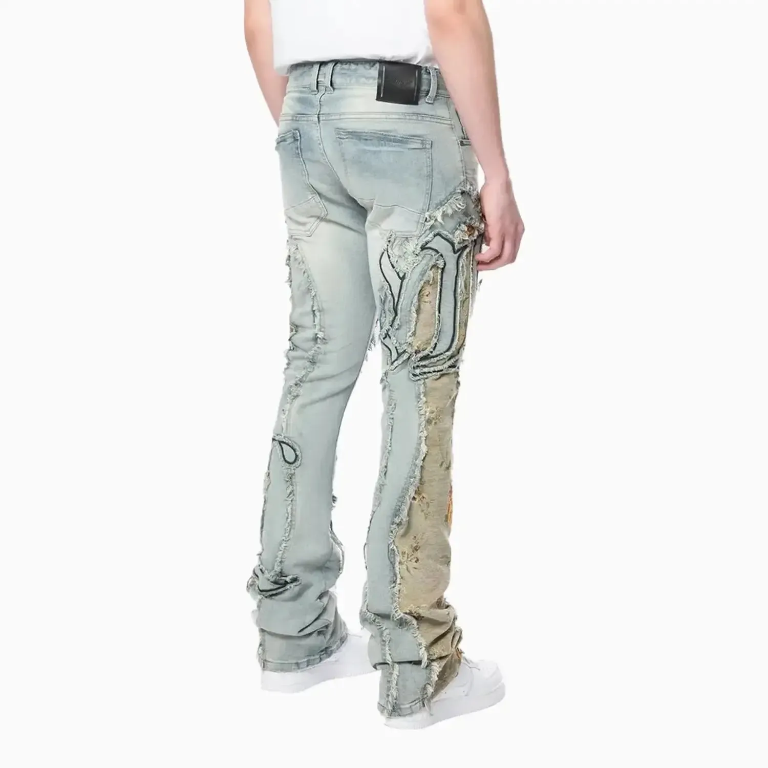 Men's Stacked Pinched Flared Tapestry Paneled Jean Pant